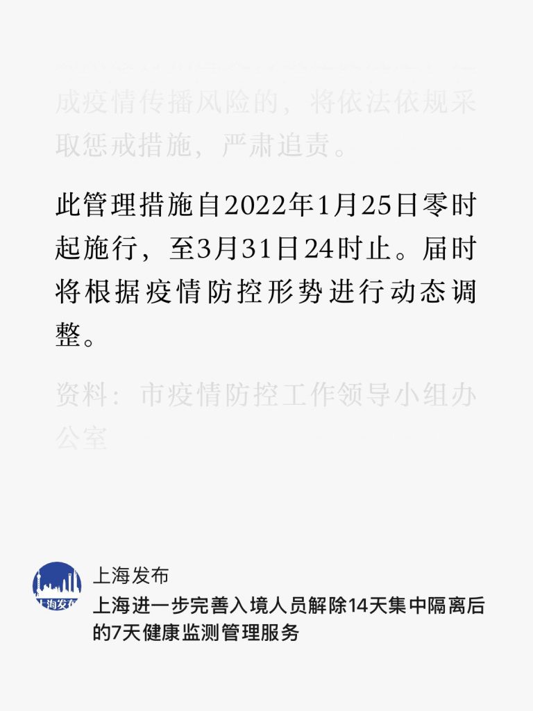 此管理措施自2022年1月25日零时起施行,至3月31日24时止。届时将根据疫情防控形势进行动态调整。
《上海进一步完善入境人员解除14天集中隔离后的7天健康监测管理服务》
2022-01-24